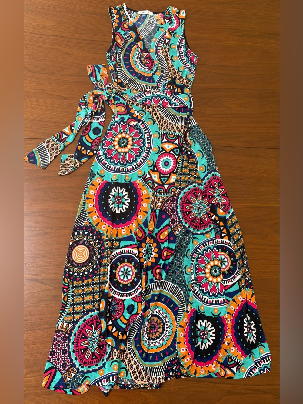 Sleeveless Turquoise Multi-Print Maxi Dress with Tie Waist
